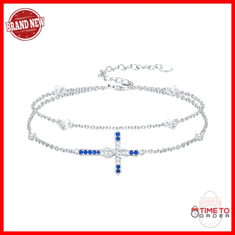Sterling Silver Cross Birthstone Charm Bracelet 7"+2" Adjustable Chain